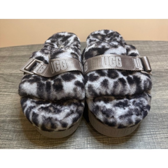 UGG Shoes - UGG Fuzzita Leopard Print Platform Slides Black White Animal Print Slippers